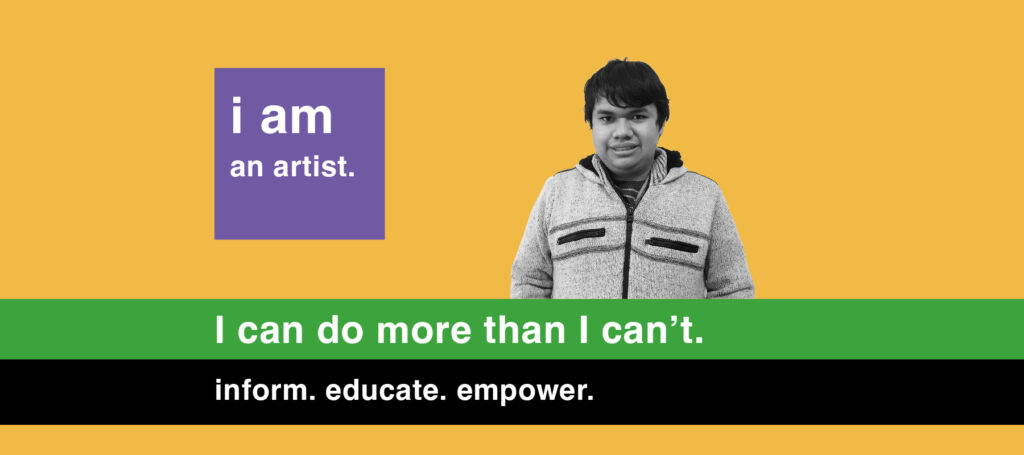 Boy grinning on a yellow background with text over a purple square that says i am an artist.