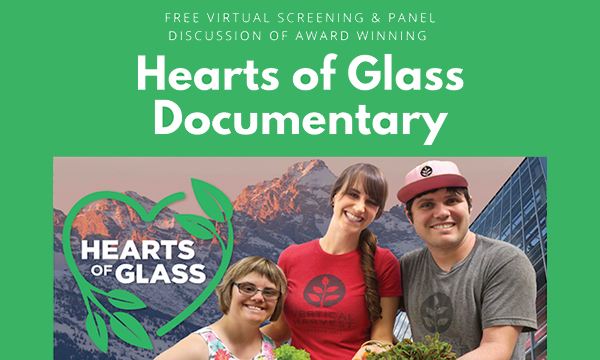Hearts of Glass Image and Logo with 3 people smiling and mountains in the background