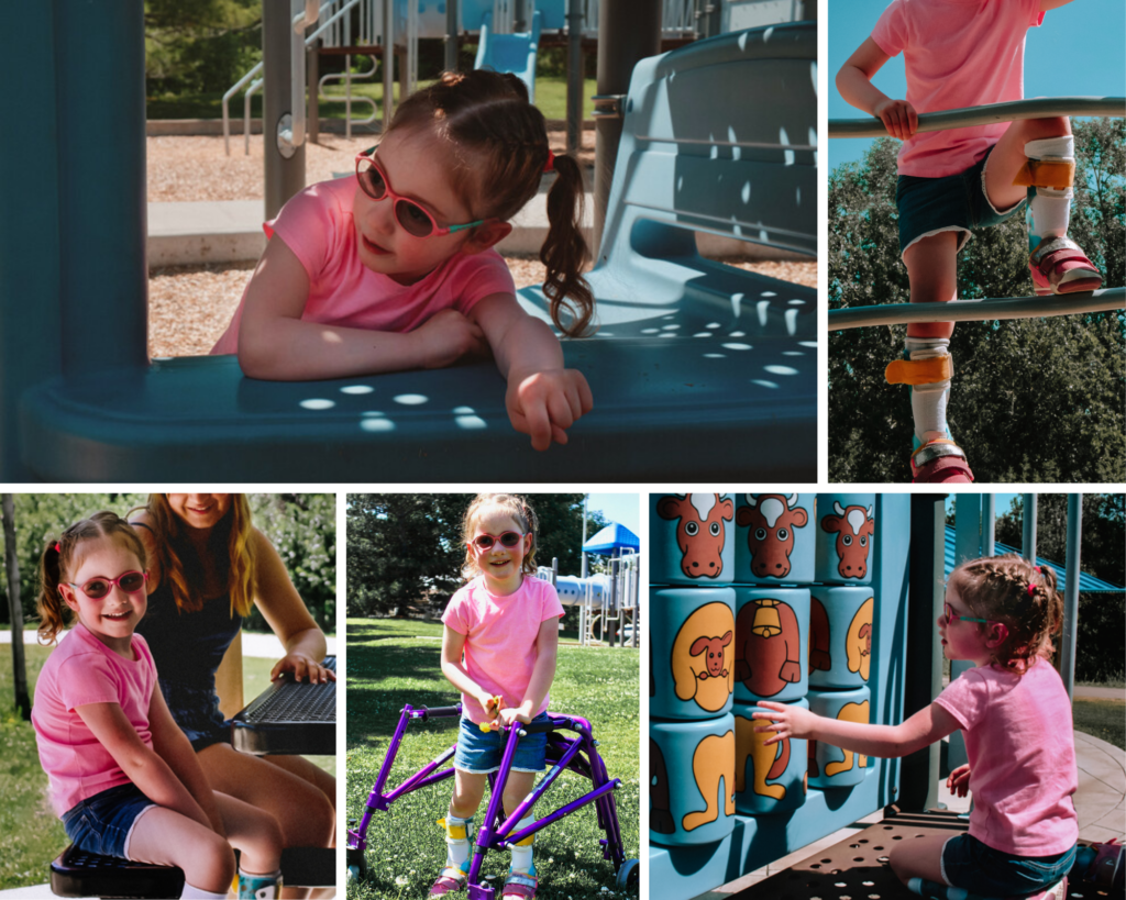 five photo collage of four year old girl in jean shorts and pink shirt with leg braces, playing at a playground