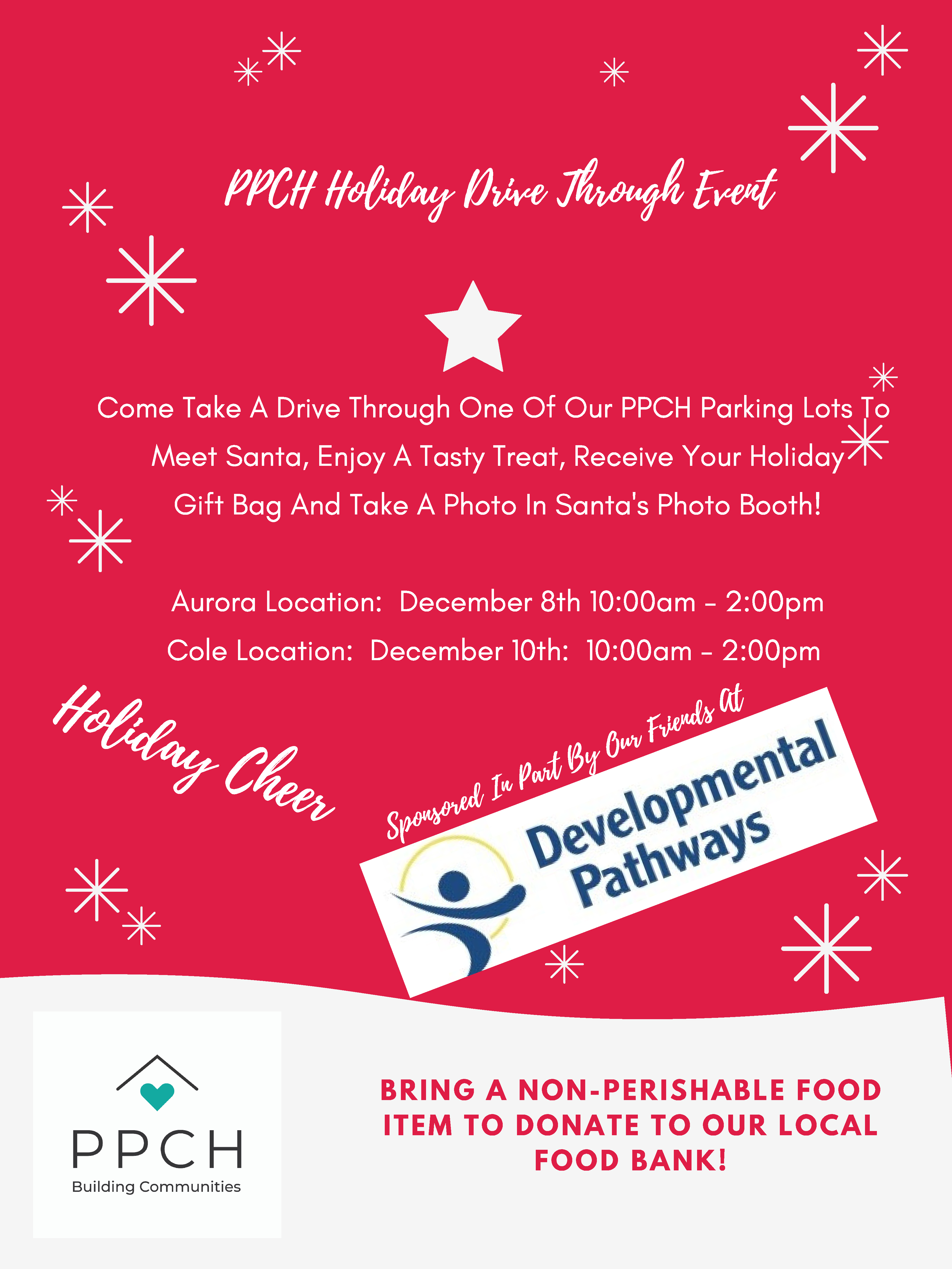 PPCH Holiday Drive Through Event flyer with a red background and Developmental Pathways and PPCH logo