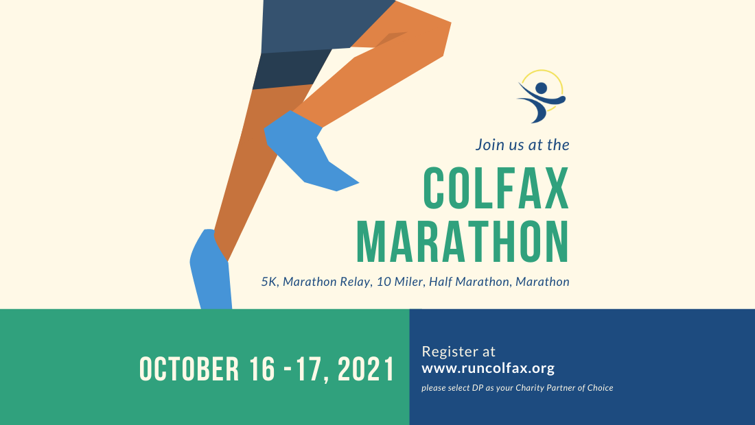 Image of legs running and information explaining when and where is the Colfax Marathon event