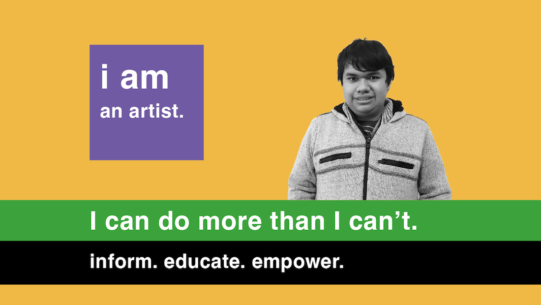 Boy in black and white smiling on a gold background with text saying I am an artist on a purple square