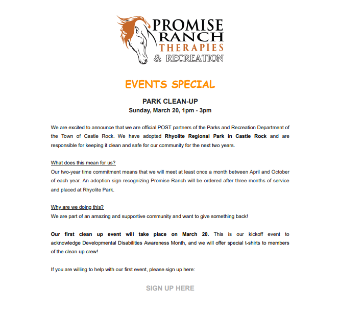 White flyer with horse logo next to "Promise Ranch Pediatric therapies"