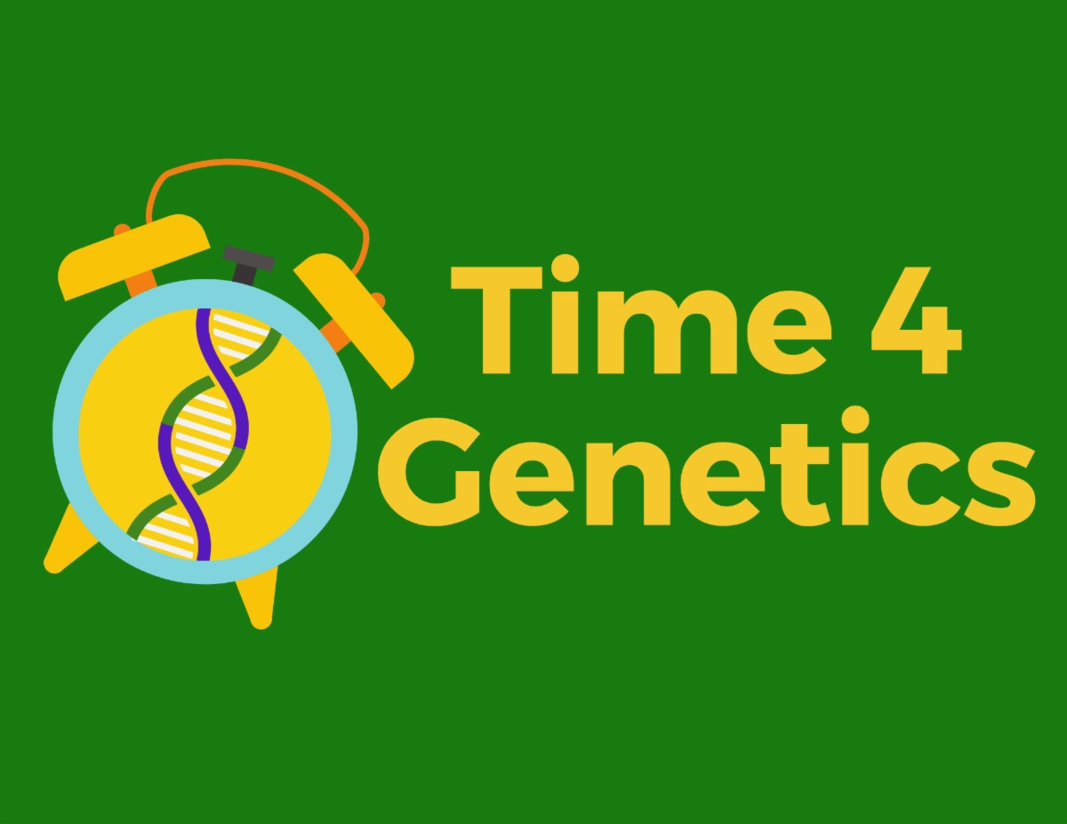 Clock icon with the title Time 4 Genetics in yellow on a green background