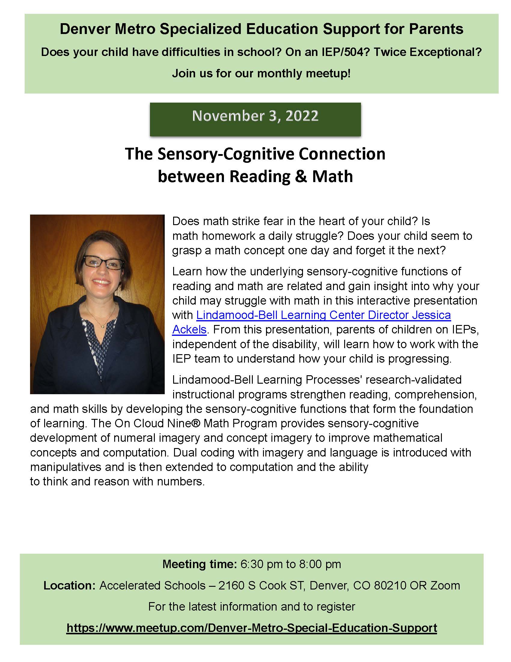 Green and white electronic poster with picture of a woman smiling in dark blue shirt for SES Flyer Reading & Math event