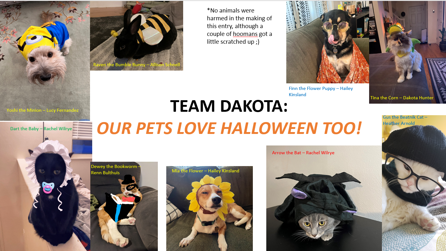 Nine different animals wearing costumes surrounding text that says "Team Dakota: Our pets love Halloween too!” Costumes include dog as a minion and one as a flower, a bunny as a bee, and cats dressed up as a baby, bat, beatnik, bookworm and corn.
