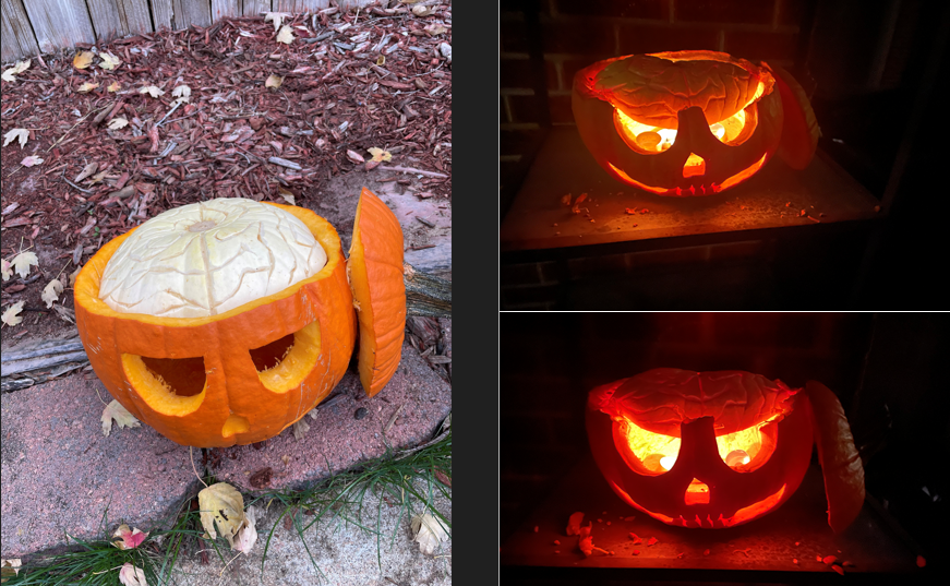 The top section of pumpkin is carved to expose the inner white part of the pumpkin with curved lines. The eyes are u-shaped half circles, a triangle shaped nose, and a long slender wide mouth with a couple jagged lines in the middle of mouth.