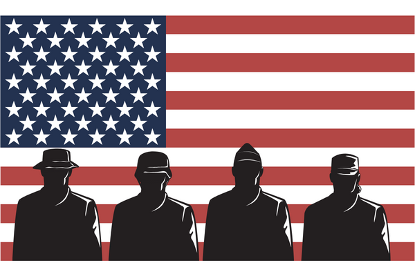 Black outlines of military against American flag background