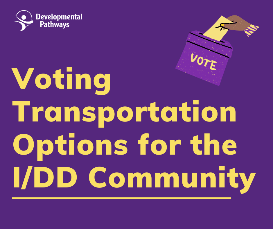 Titled "Voting Transportation Options for the IDD Community". Developmental Pathways logo. Illustration of a hand submitting a ballot into a ballot box, that reads vote.