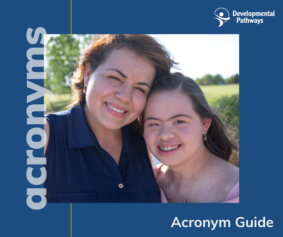 A cover for the DP acronym guide, January 2023. A picture of a mother and her young daughter smiling.