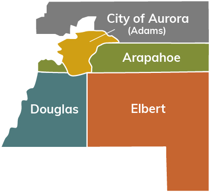 DP's Catchment Area showing areas we provide services in different colors including Adams, Arapahoe, Douglas, and Elbert counties.