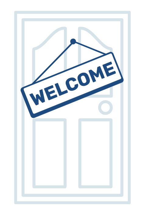 Line drawing of door with Welcome sign on it