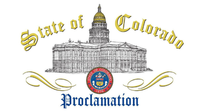 An illustration of the Colorado capitol building with a Colorado state seal at the bottom. On the top it says in ornate lettering "State of Colorado" and at the bottom "Proclamation."
