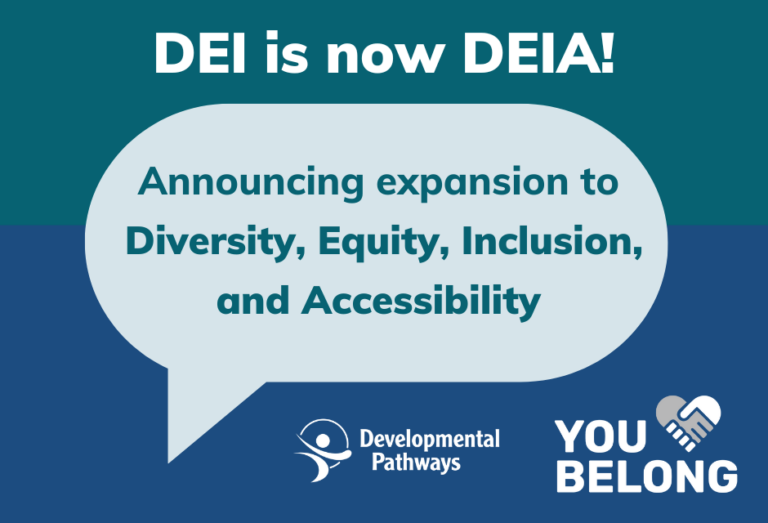 Blue multicolored graphic that reads "DEI is now DEIA! Announcing expansion to Diversity, Equity, Inclusion, and Accessibility" The DP Logo. The DP DEIA logo that reads "You Belong".