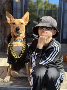 Person with black bucket hat, sunglasses and black track jacket with white stripes posing next to a brown dog with pointy ears, gold chain, and black hoodie.