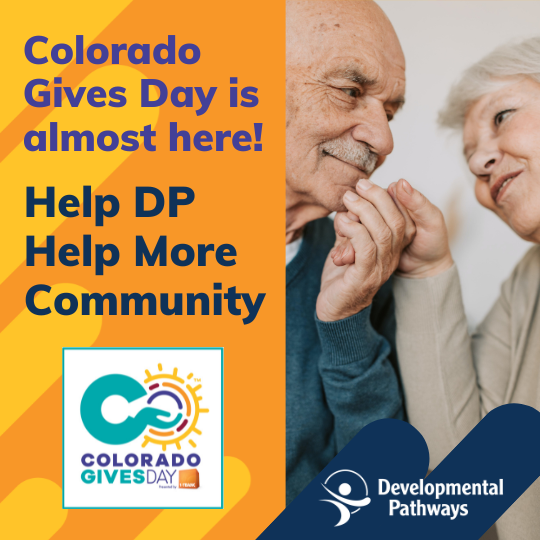 Colorado Gives Day social graphic with a elderly couple grinning at each other