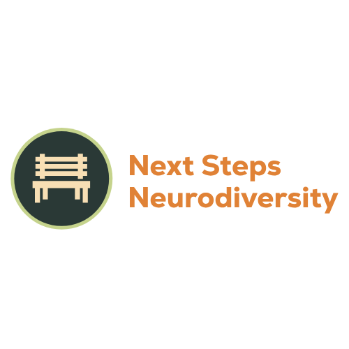 Tan bench inside a dark circle with orange Next Steps Neurodiversity logo