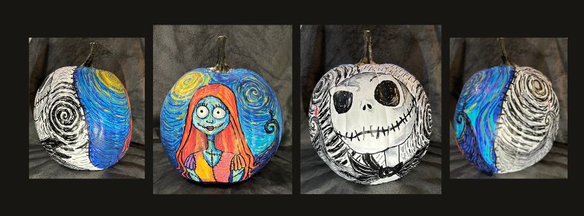 Pumpkins painted to "The Nightmare Before Christmas" theme