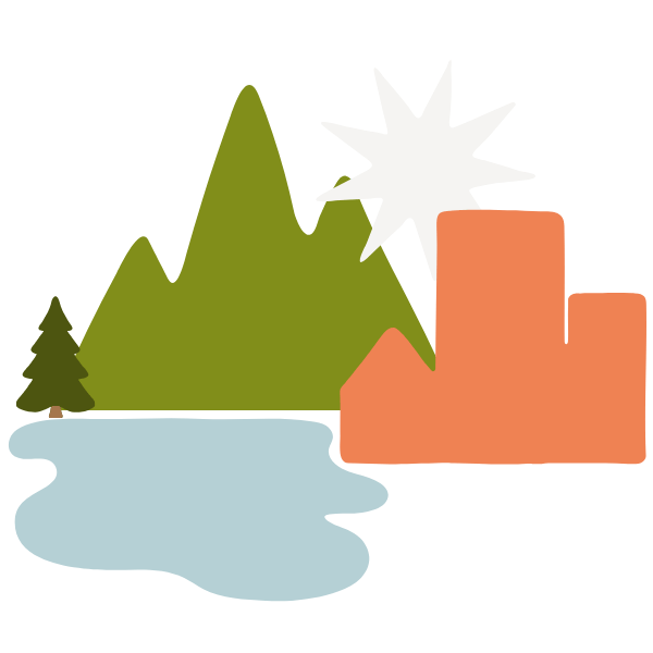 Graphic of mountain, lake, snow, and city